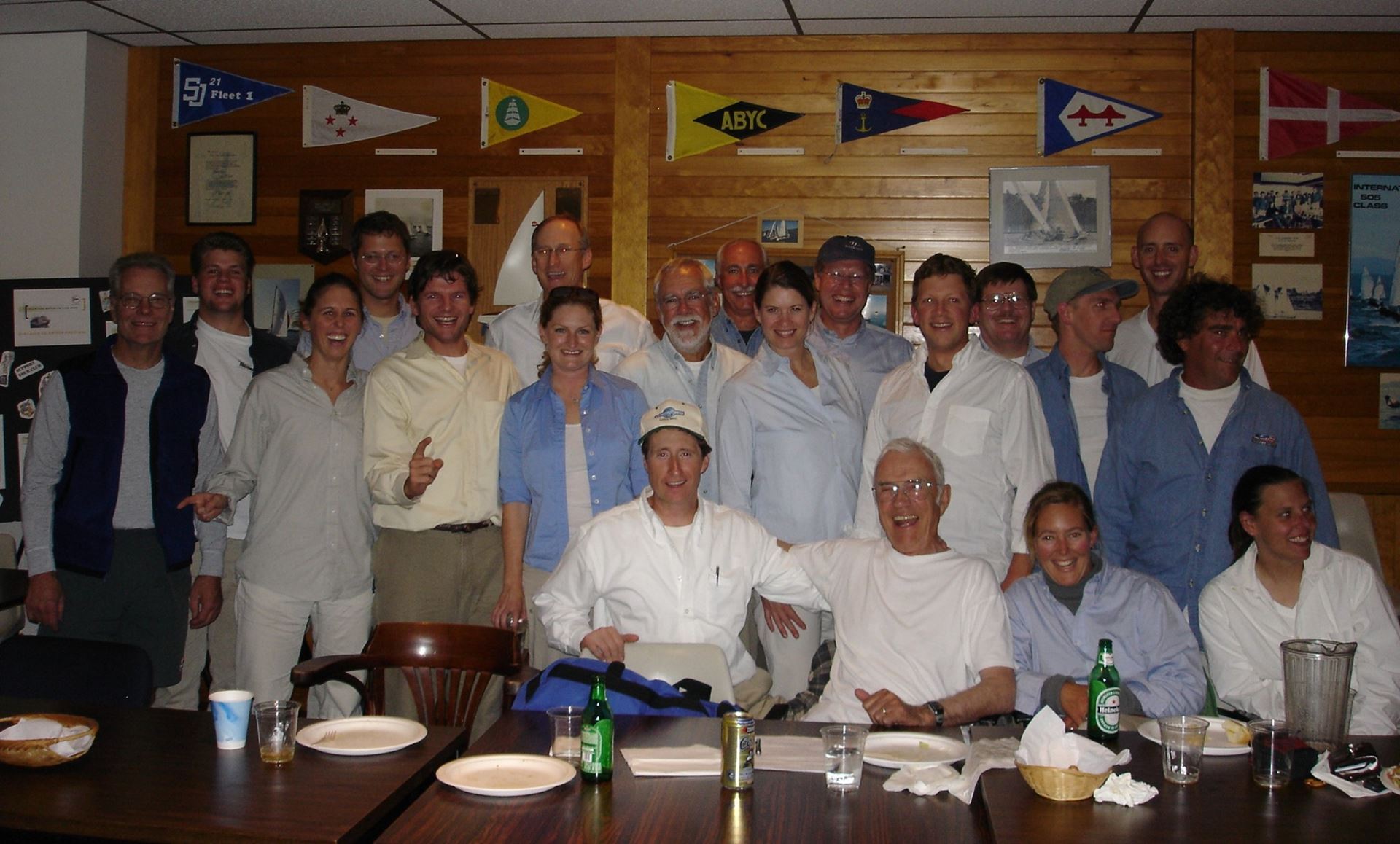 A “spontaneous” Sandy Pratt Party ‘just for fun’ at CYC’s Leschi Clubhouse, photo from Dale Dunning (Note the prevalence of Sandy’s signature Oxford shirt) 